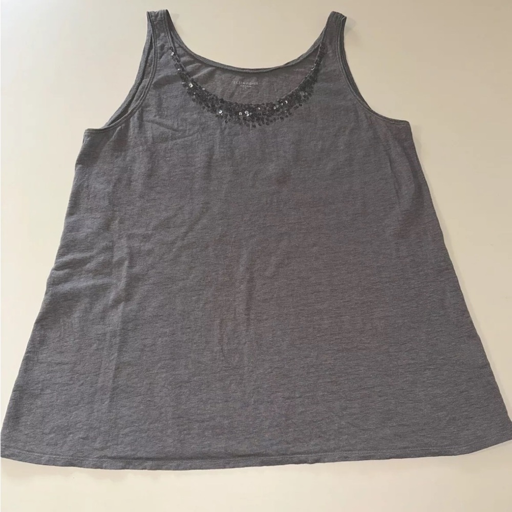 EILEEN FISHER Top Womens Large Gray Linen Sleeveless Shirt Tank Sequin Casual